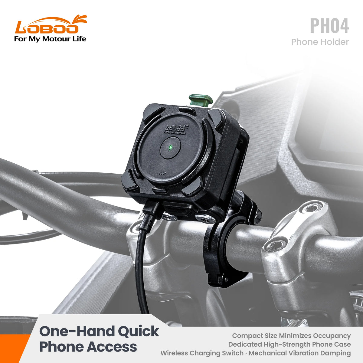 Supporto antivibrazione per smartphone da moto LOBOO PH04 con ricarica wireless da 15W e ricarica rapida da 30W per moto ADV BMW, Honda e Yamaha
