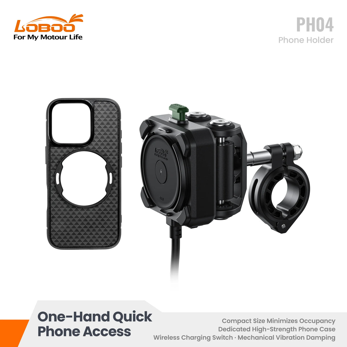 Supporto antivibrazione per smartphone da moto LOBOO PH04 con ricarica wireless da 15W e ricarica rapida da 30W per moto ADV BMW, Honda e Yamaha
