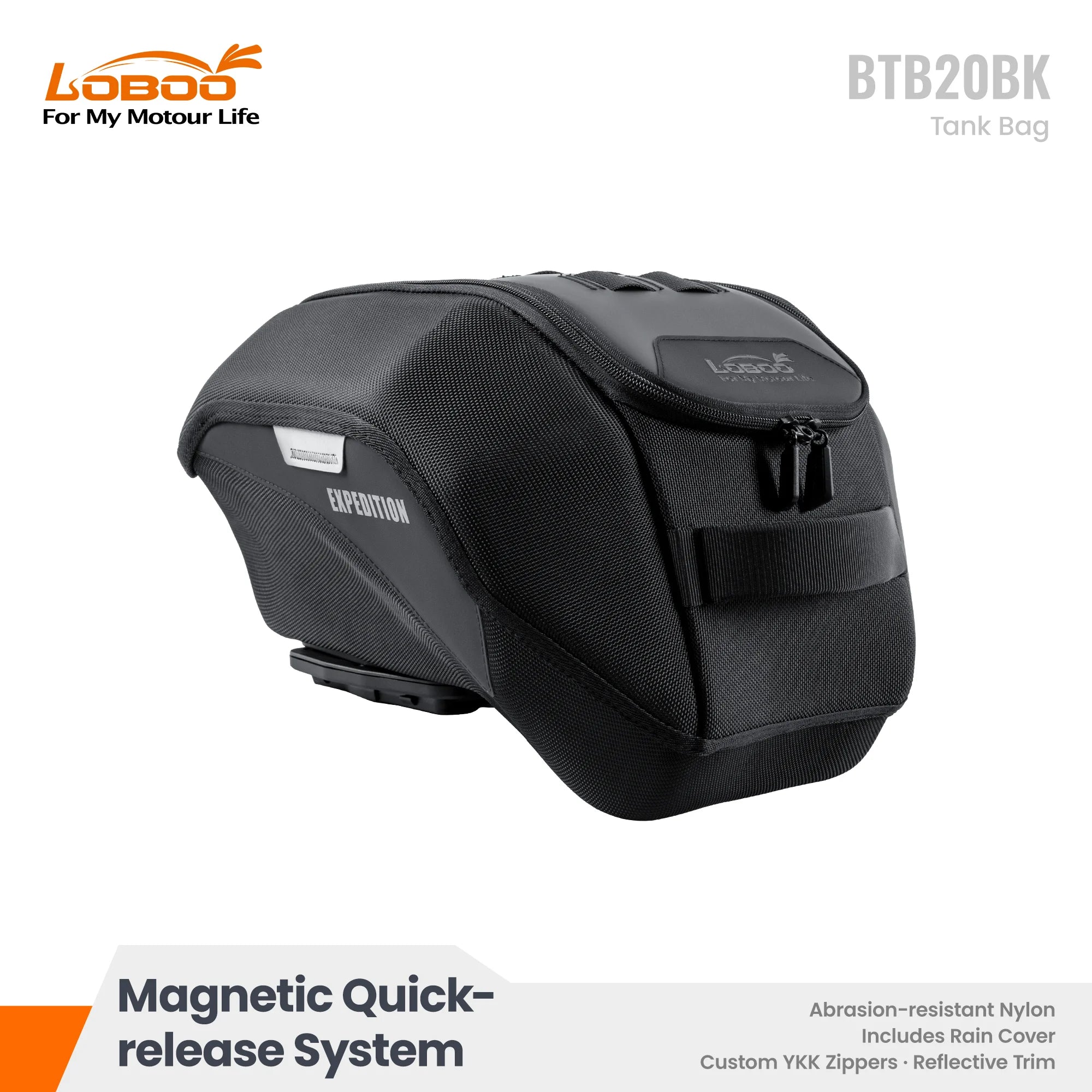 LOBOO BTB20BK Adventure Motorcycle Tank Bag with Magnetic Quick-Release System and Rain Cover, Heavy-Duty Universal Fits for BMW GS, KTM Adventure, Honda Africa Twin