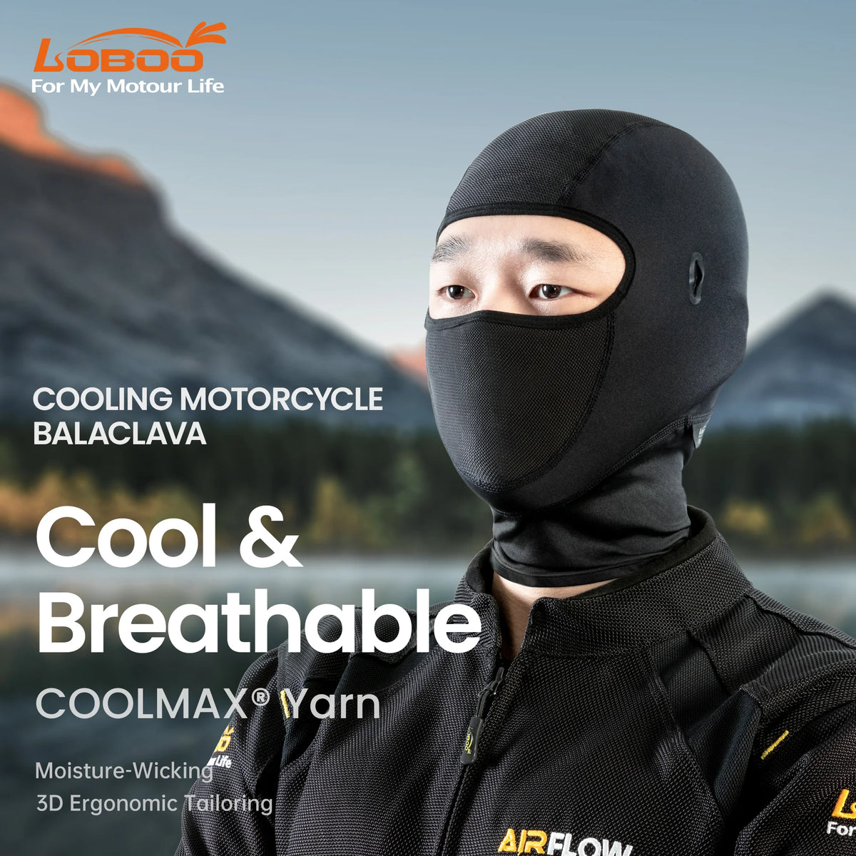 LOBOO RTT30 Cooling Motorcycle Balaclava | Breathable COOLMAX Summer Helmet Liner Face Mask with Glasses Slots