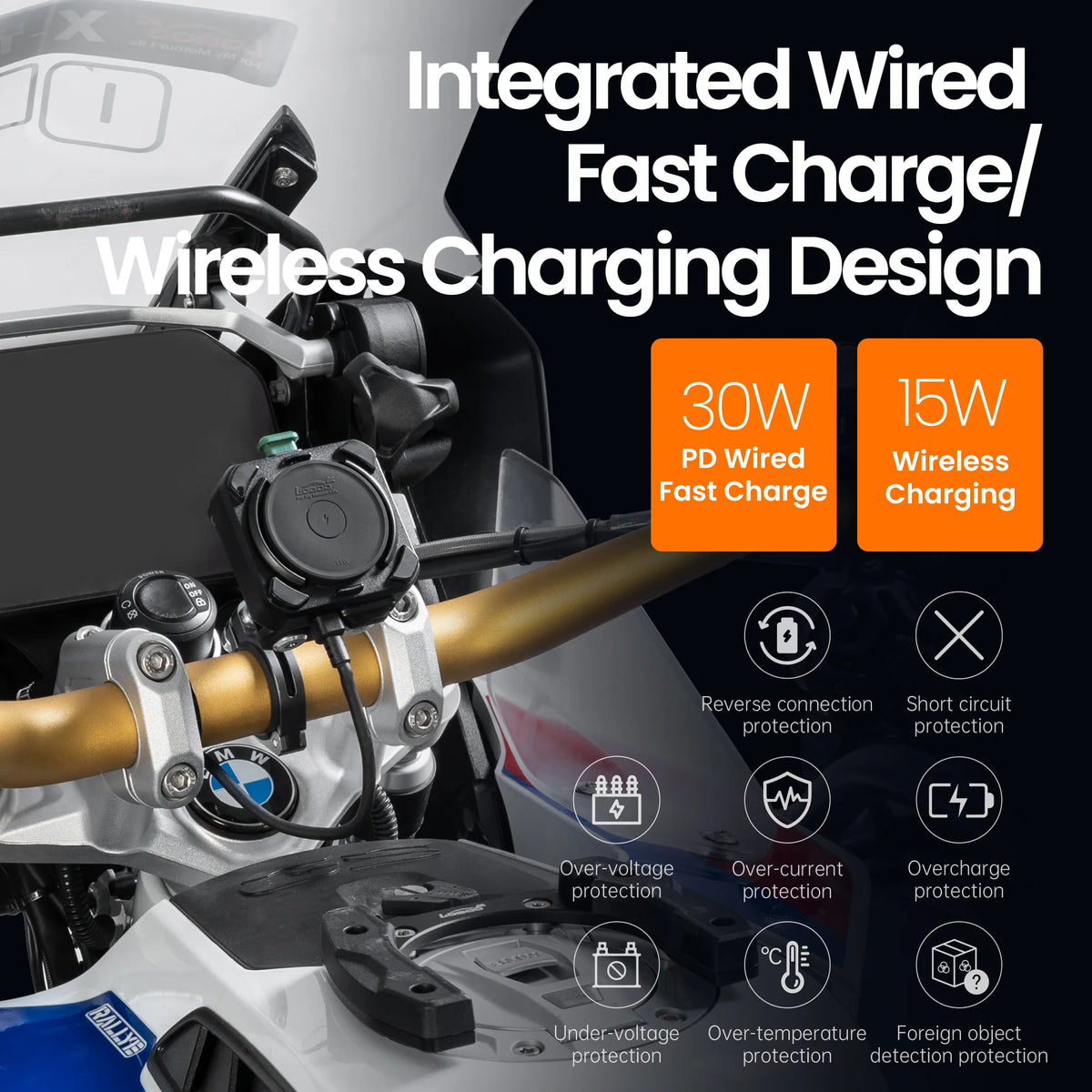 Supporto antivibrazione per smartphone da moto LOBOO PH04 con ricarica wireless da 15W e ricarica rapida da 30W per moto ADV BMW, Honda e Yamaha