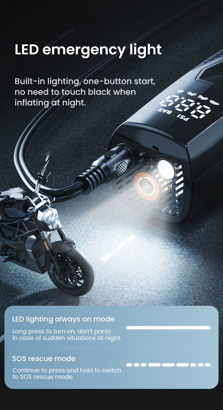 CP06 Portable Motorcycle Air Compressor – Fast Inflation, Multi - Mode Tire Pump with LED Light for Cars, Bikes, Travel & Emergency Use - LOBOO