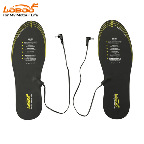LOBOO heated insoles on a white background with orange LOBOO logo at top left