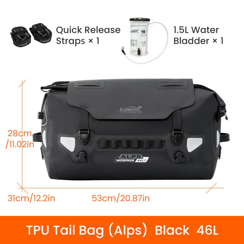 LOBOO Alps 46L Waterproof Tail Bag | IPX7 TPU Motorcycle Dry Bag with 1.5L Hydration Bladder - LOBOO