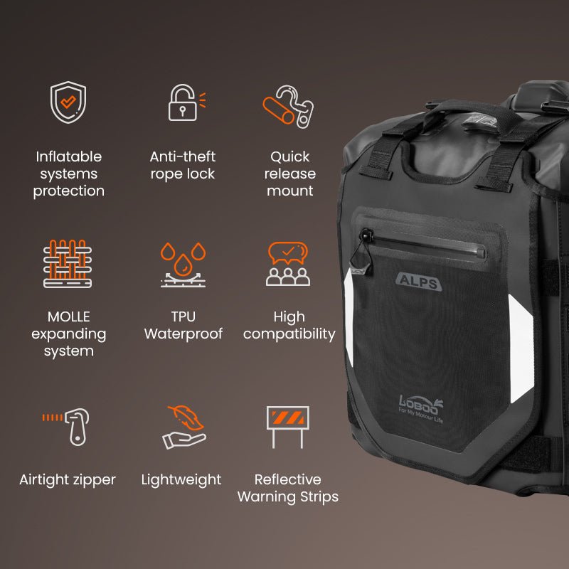 LOBOO Alps Inflatable Waterproof Side Bags (23L/30L) | Shock - Absorbing Soft Panniers with Anti - Theft Lock - LOBOO