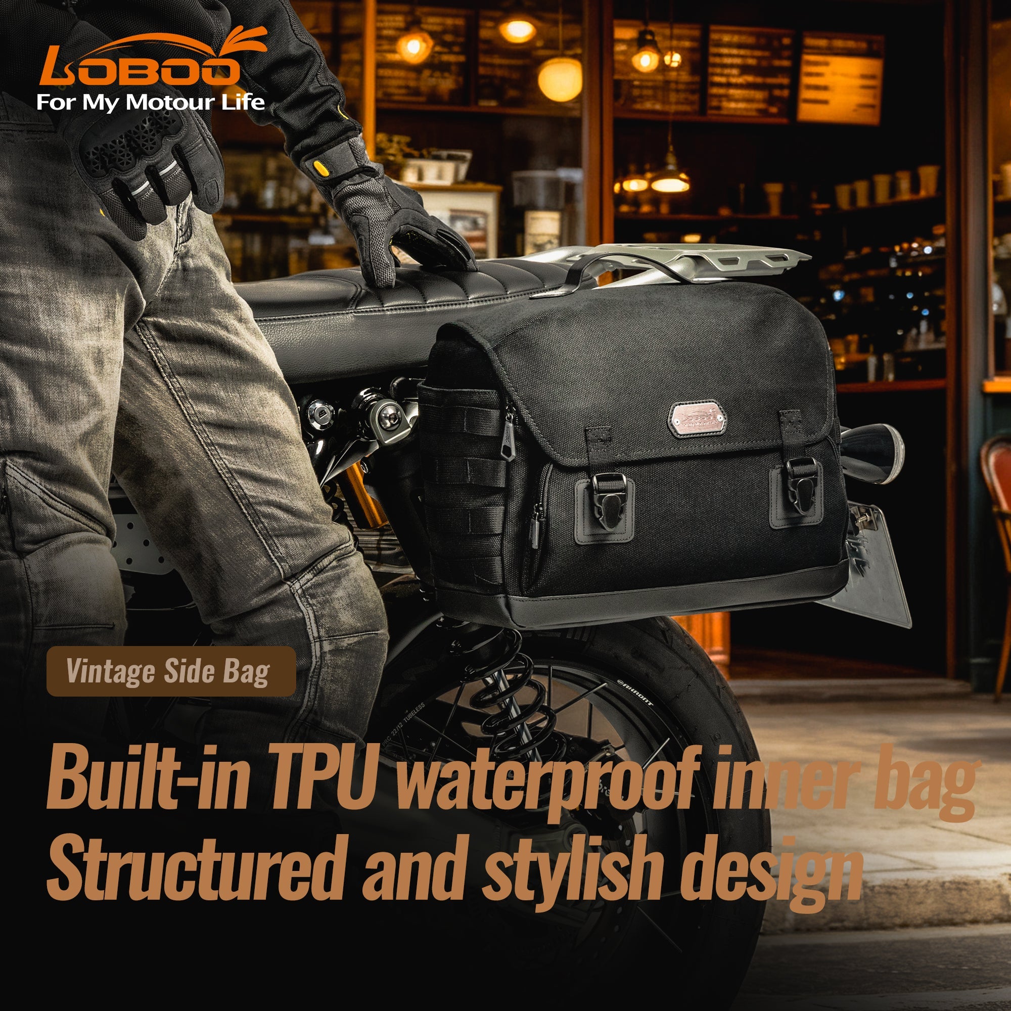 LOBOO BCB12BK Vintage 12L Motorcycle Side Bag | Waterproof & Quick - Release for Honda/Triumph - LOBOO