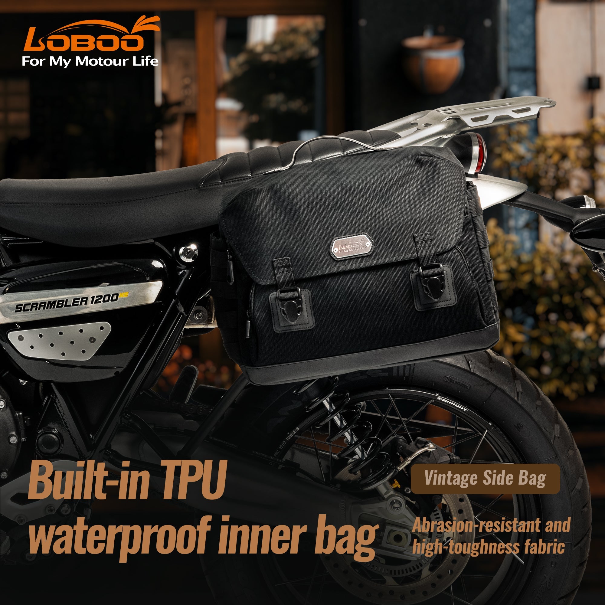 LOBOO BCB12BK Vintage 12L Motorcycle Side Bag | Waterproof & Quick - Release for Honda/Triumph - LOBOO