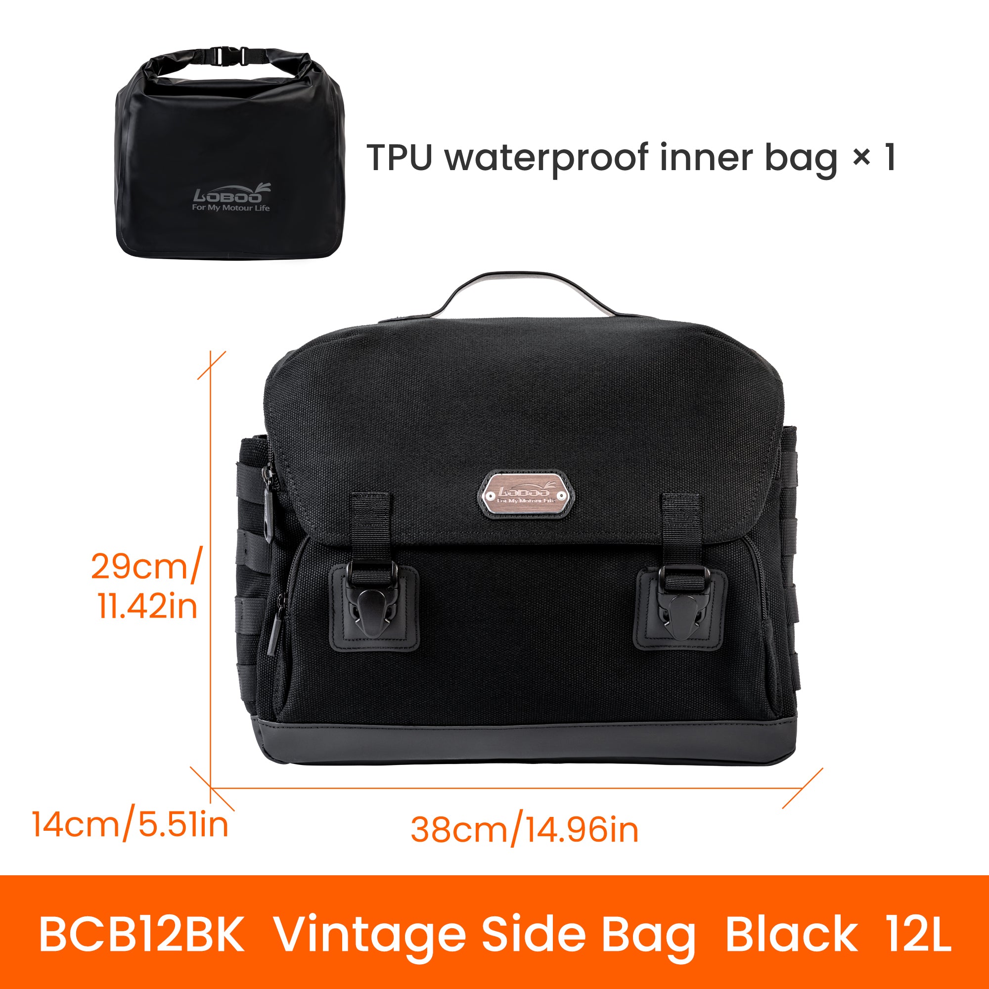 LOBOO BCB12BK Vintage 12L Motorcycle Side Bag | Waterproof & Quick - Release for Honda/Triumph - LOBOO