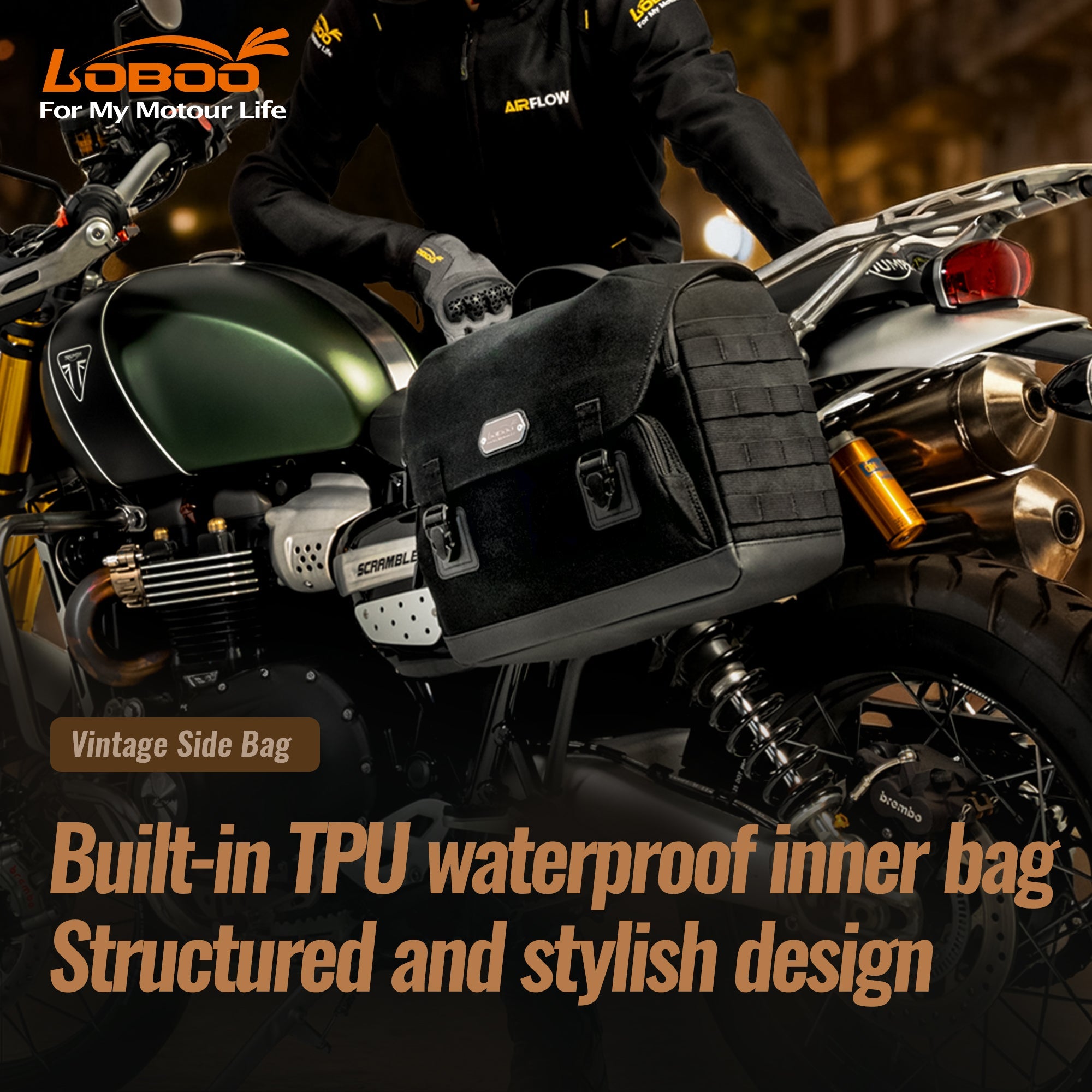 LOBOO BCB12BK Vintage 12L Motorcycle Side Bag | Waterproof & Quick - Release for Honda/Triumph - LOBOO