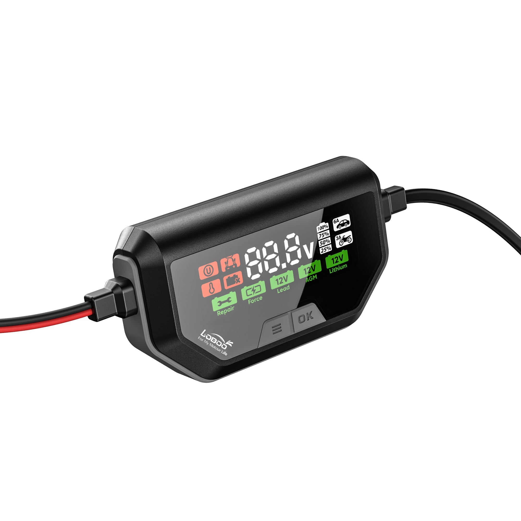 LOBOO C60 Smart Battery Charger & Maintainer (6A/3A) | 12V Lithium, AGM & Lead - Acid Desulfator with SAE Quick - Connect - LOBOO
