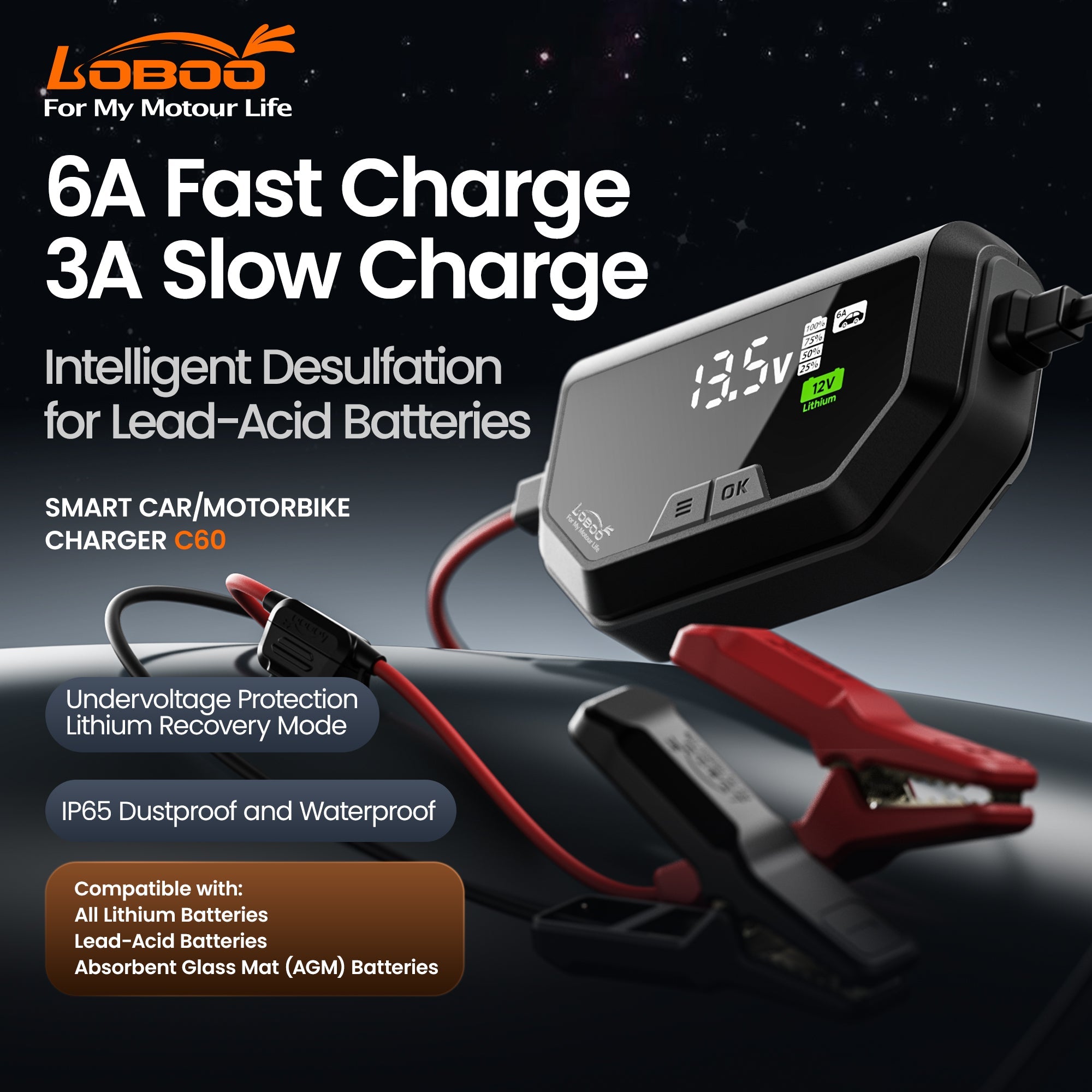 LOBOO C60 Smart Battery Charger & Maintainer (6A/3A) | 12V Lithium, AGM & Lead - Acid Desulfator with SAE Quick - Connect - LOBOO