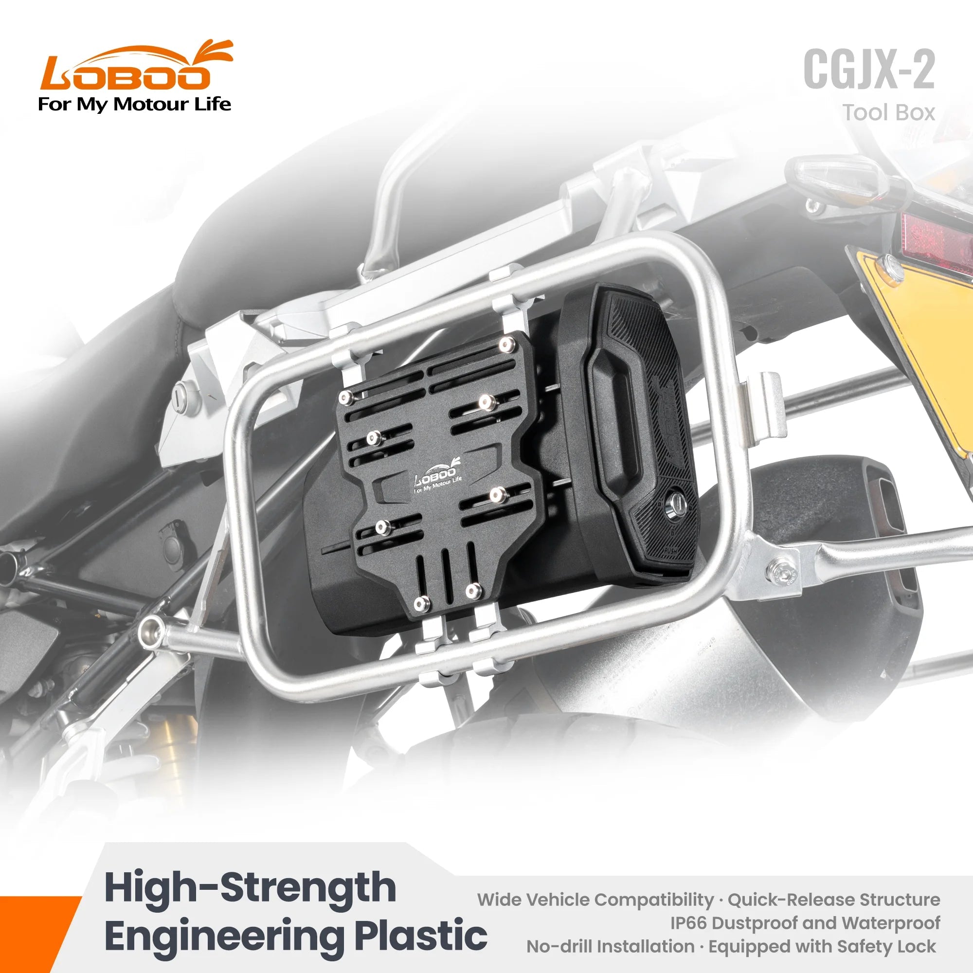 LOBOO CGJX - 2 Motorcycle Tool Box – IP66 Waterproof, Quick - Release, Lockable Storage for 18mm Side Rack (212–262mm Height Range) - LOBOO