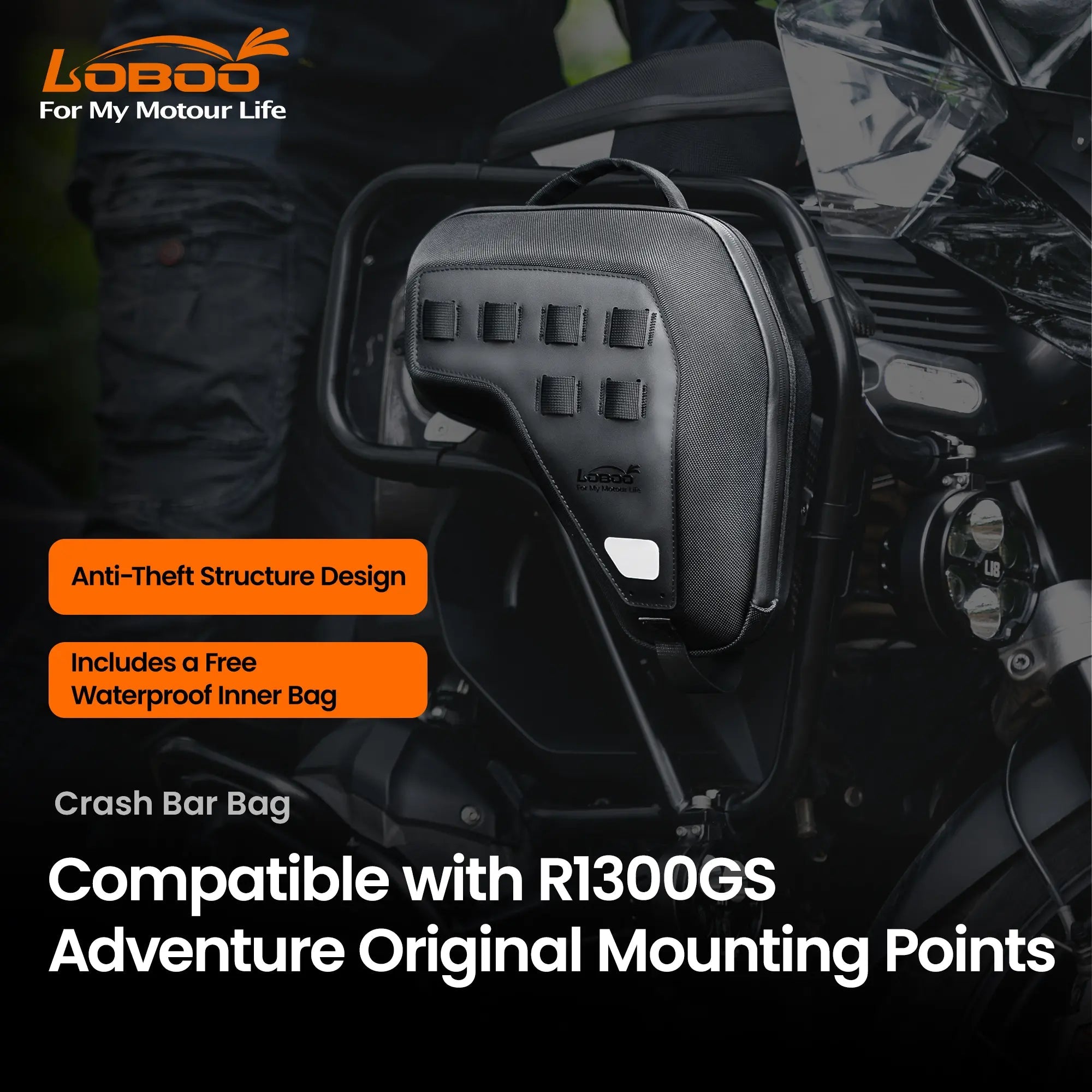 LOBOO Crash Bar Bags (5L Pair) for BMW R1300GS Adventure (2024+) - Anti - Theft EVA Hard Shell Storage - LOBOO