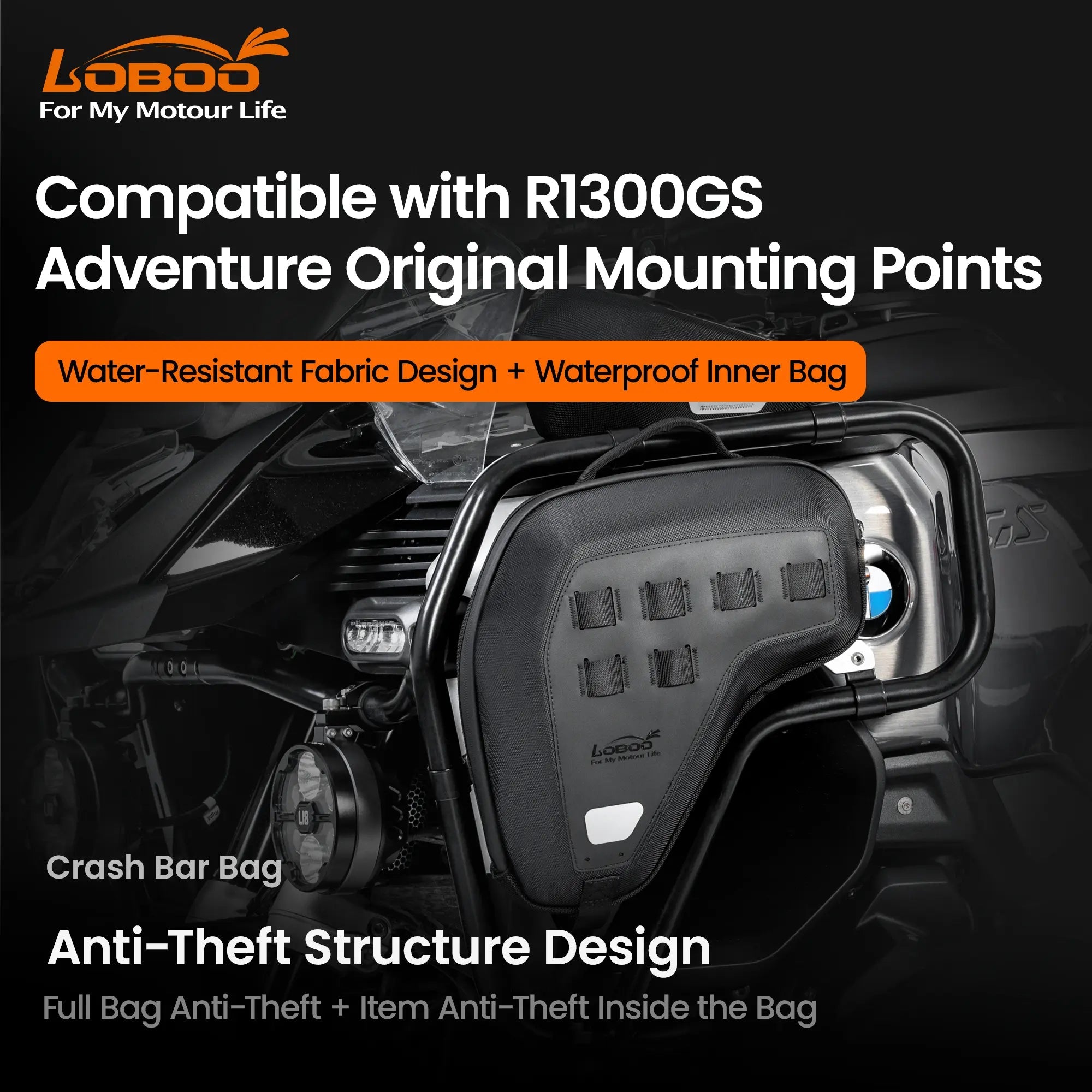 LOBOO Crash Bar Bags (5L Pair) for BMW R1300GS Adventure (2024+) - Anti - Theft EVA Hard Shell Storage - LOBOO