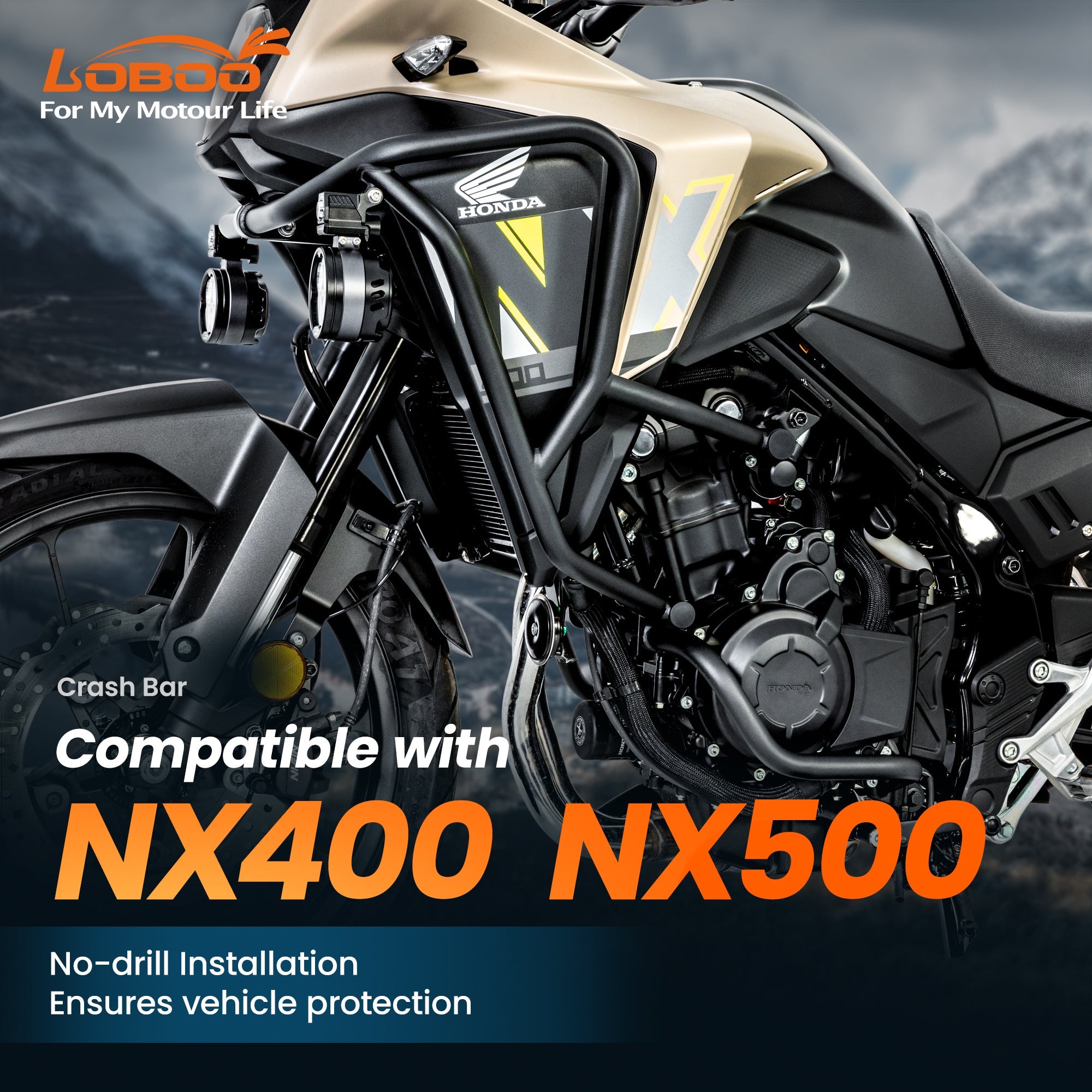 LOBOO Crash Bar for Honda NX400 / NX500 (2024+) | 304 Stainless Steel Engine Guard System - LOBOO