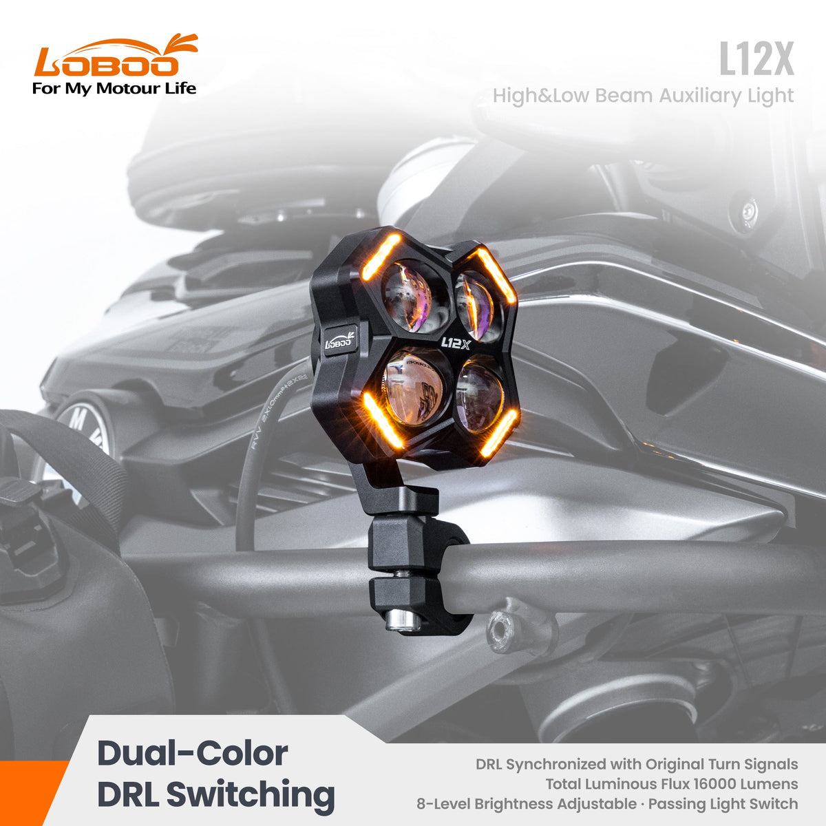 LOBOO L12X Universal LED Auxiliary Lights Kit | 16,000 Lumens High/Low Beam Adventure Driving Fog Lights for BMW GS, Honda, KTM & Motorcycles - LOBOO