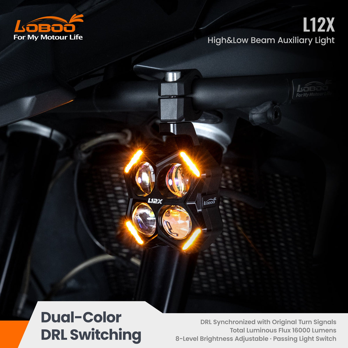 LOBOO L12X Universal LED Auxiliary Lights Kit | 16,000 Lumens High/Low Beam Adventure Driving Fog Lights for BMW GS, Honda, KTM & Motorcycles - LOBOO