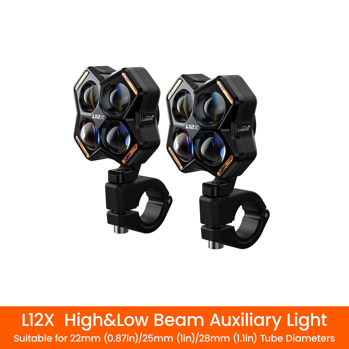 LOBOO L12X Universal LED Auxiliary Lights Kit | 16,000 Lumens High/Low Beam Adventure Driving Fog Lights for BMW GS, Honda, KTM & Motorcycles - LOBOO