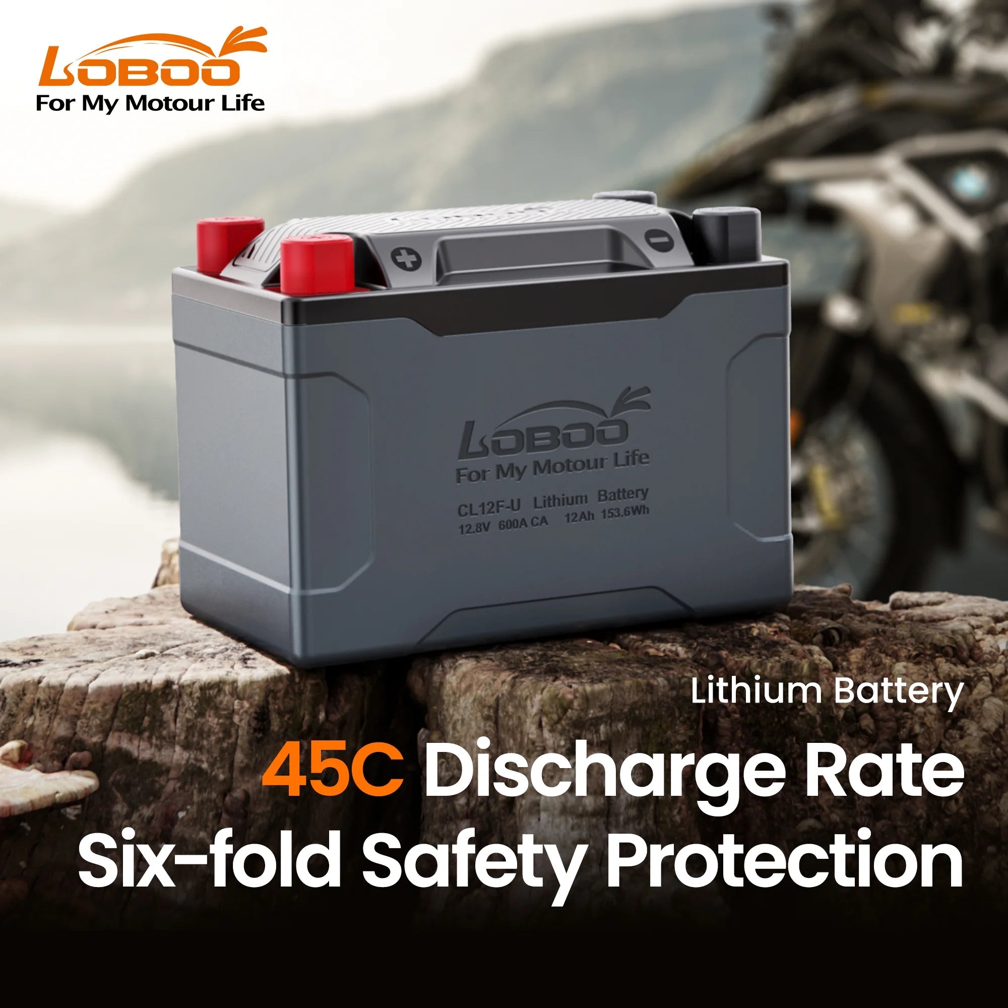 LOBOO Lightweight Lithium Iron Phosphate (LFP) Motorcycle Start Battery - 12.8V 300A/600A CA for ADV, Touring & Sportbikes - Universal Fit - LOBOO