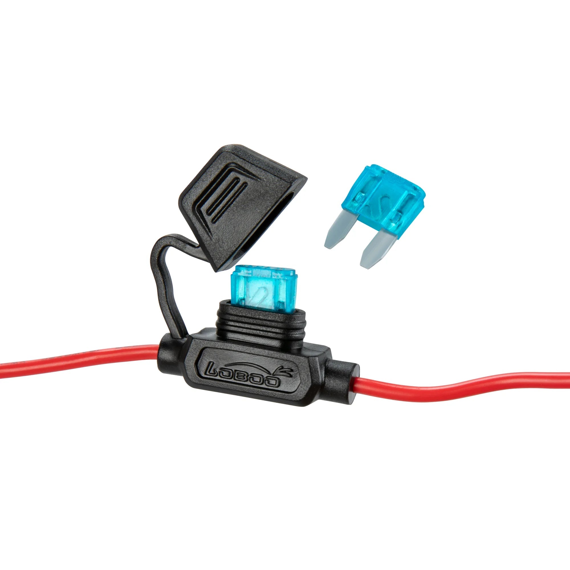 Weather-sealed inline blade fuse holder detail on LOBOO SAE cable