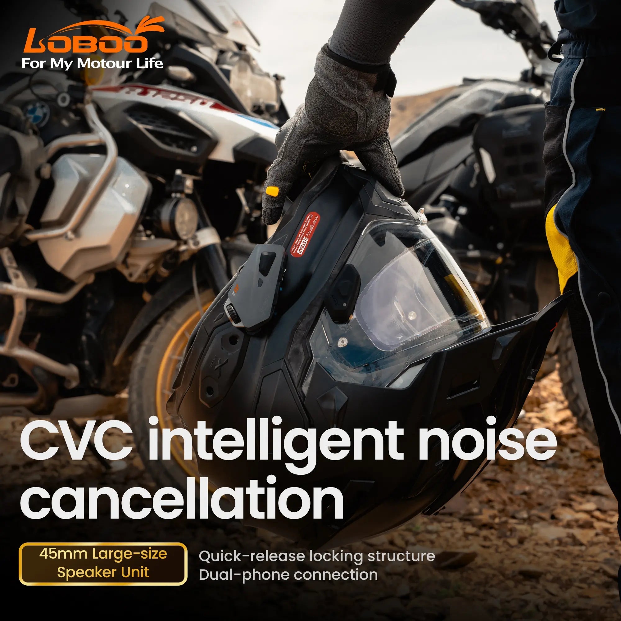 LOBOO R1X Motorcycle Helmet Headset - 45mm Speakers & CVC Noise Cancellation - LOBOO