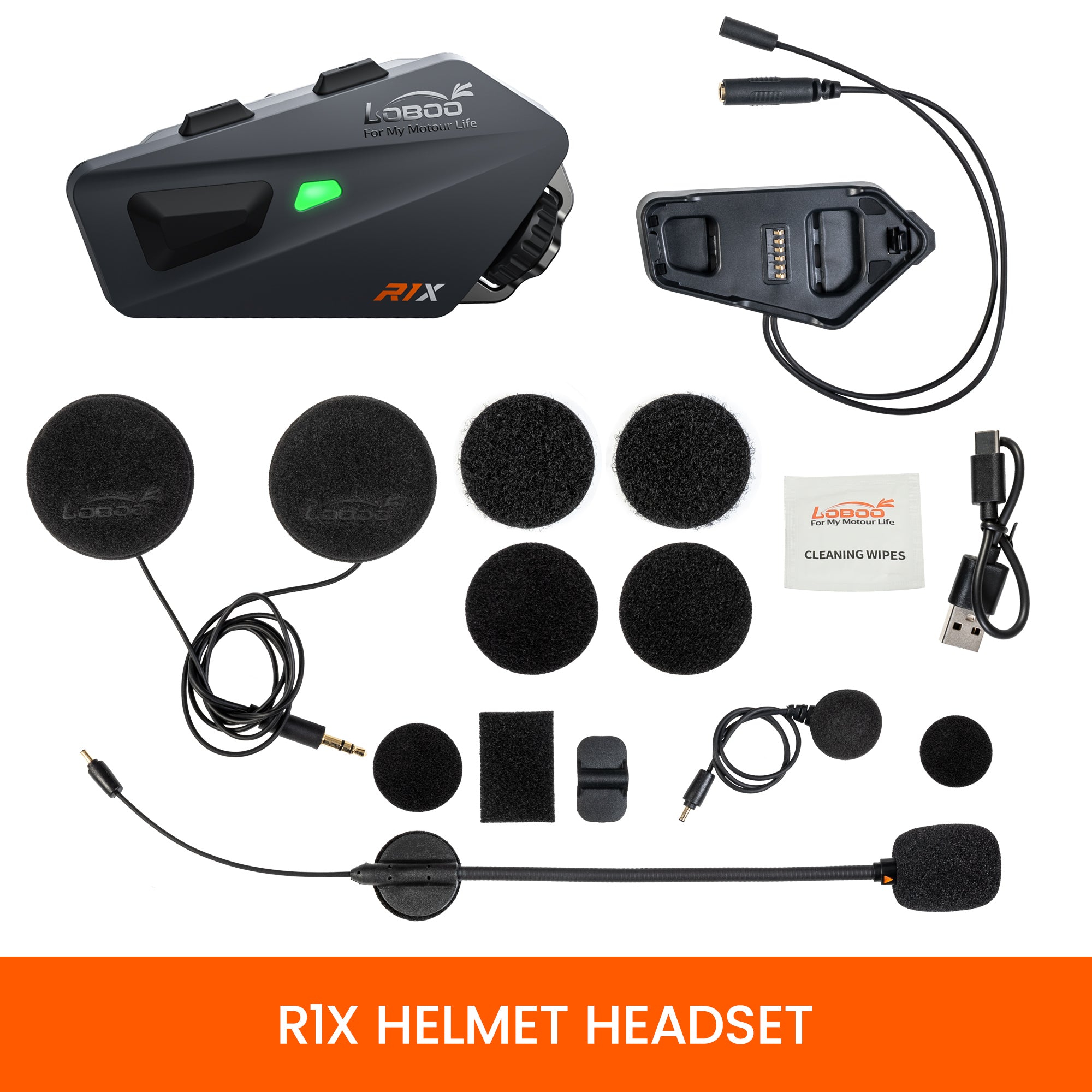 LOBOO R1X Motorcycle Helmet Headset - 45mm Speakers & CVC Noise Cancellation - LOBOO