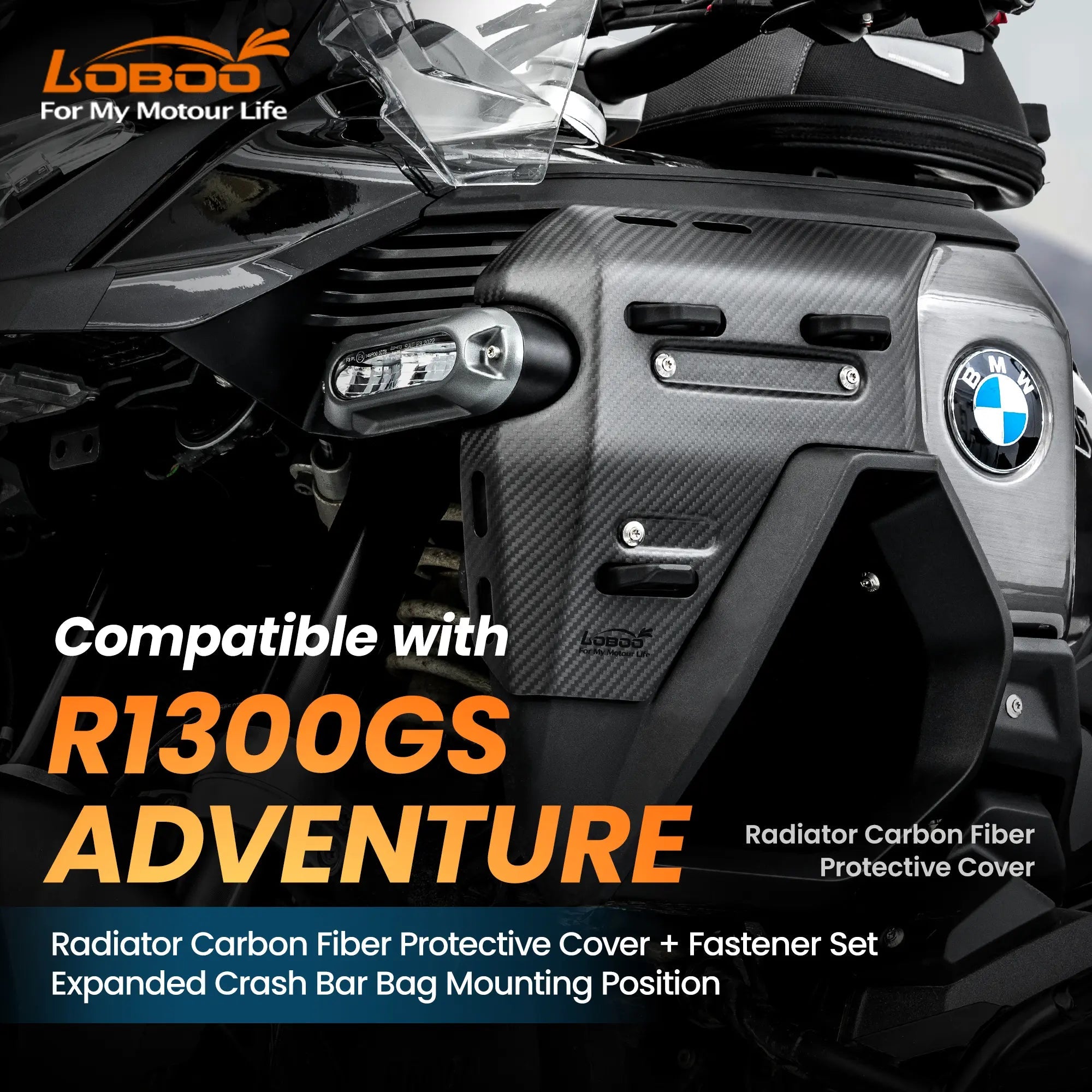 LOBOO Real Carbon Fiber Radiator Guards for BMW R1300GS ADV (2024 - ) | Lightweight Protective Cover & Bag Mounts - LOBOO