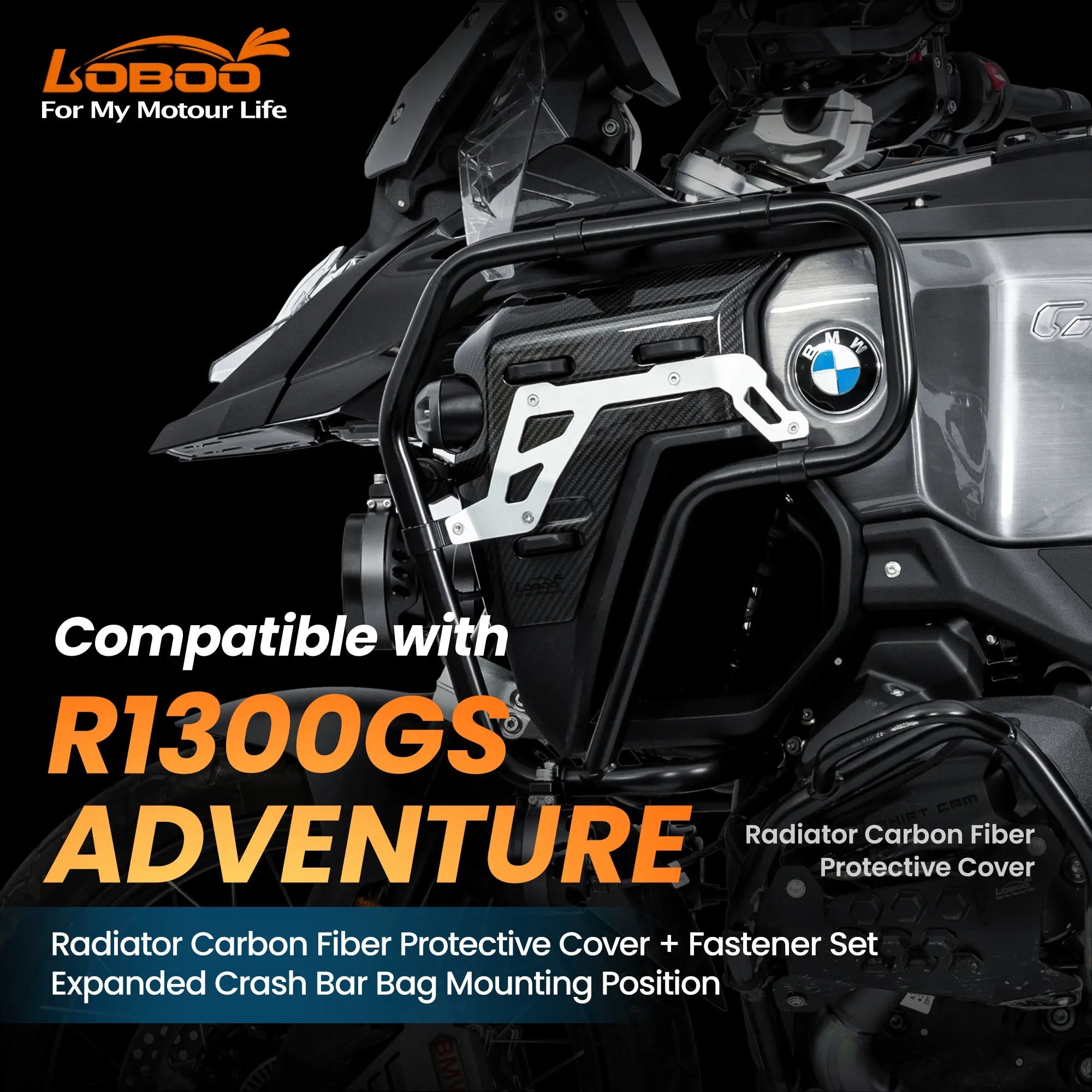 LOBOO Real Carbon Fiber Radiator Guards for BMW R1300GS ADV (2024 - ) | Lightweight Protective Cover & Bag Mounts - LOBOO