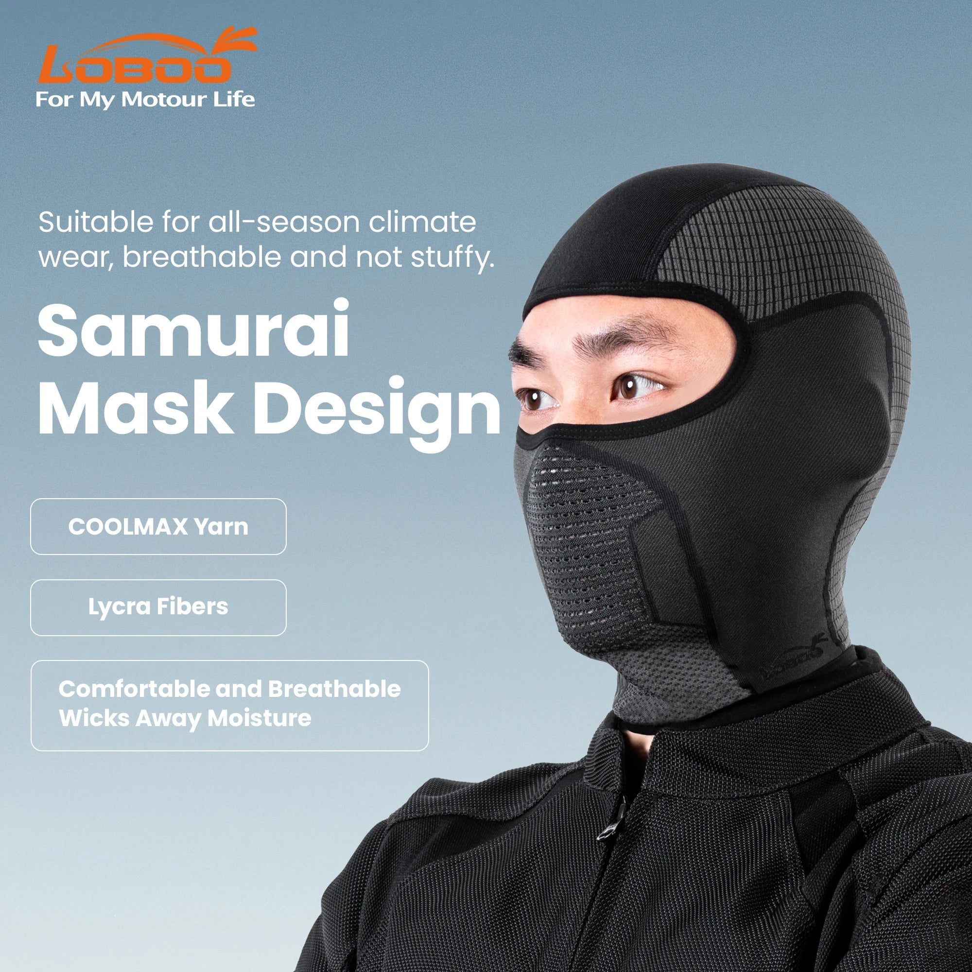 LOBOO RTT22 Riding Headgear | COOLMAX Motorcycle Balaclava & Samurai Mask - LOBOO