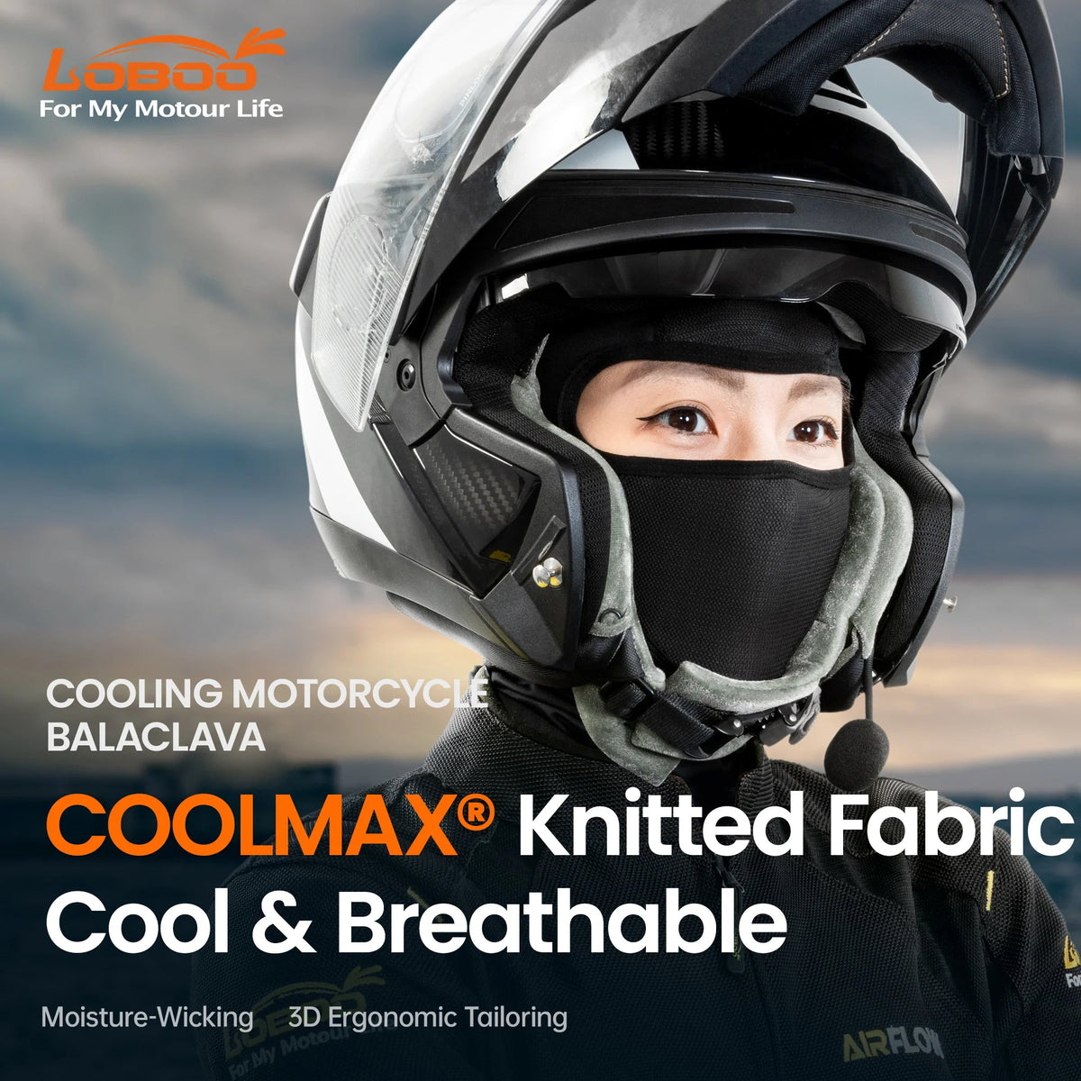 LOBOO RTT30 Cooling Motorcycle Balaclava | Breathable COOLMAX Summer Helmet Liner Face Mask with Glasses Slots - LOBOO