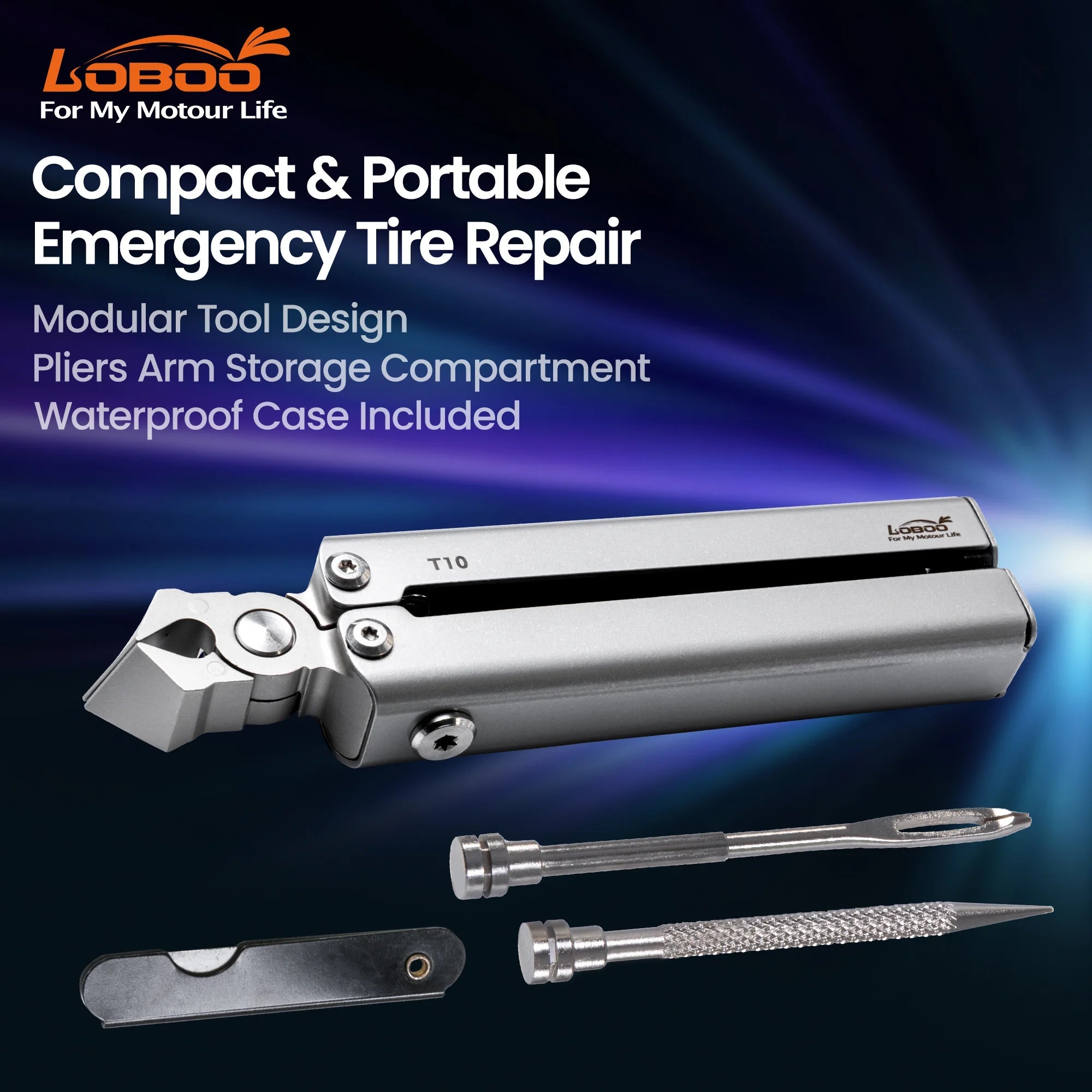 LOBOO T10 Tubeless Tire Repair Tool — Compact Modular Kit with Built - In Pliers & Waterproof Case for Motorcycle Adventure Touring - LOBOO