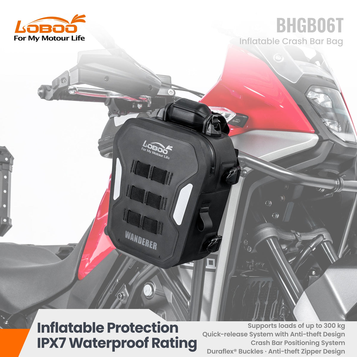 LOBOO BHGB06T inflatable motorcycle crash bar bag mounted beside the fuel tank on an NX500 motorcycle