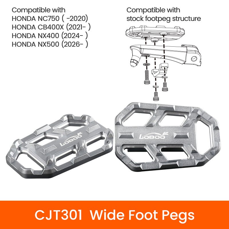 LOBOO Wide Foot Peg Extensions for Honda NX500(2026+) & NC750 | Bolt-On Enlarger Pads - LOBOO