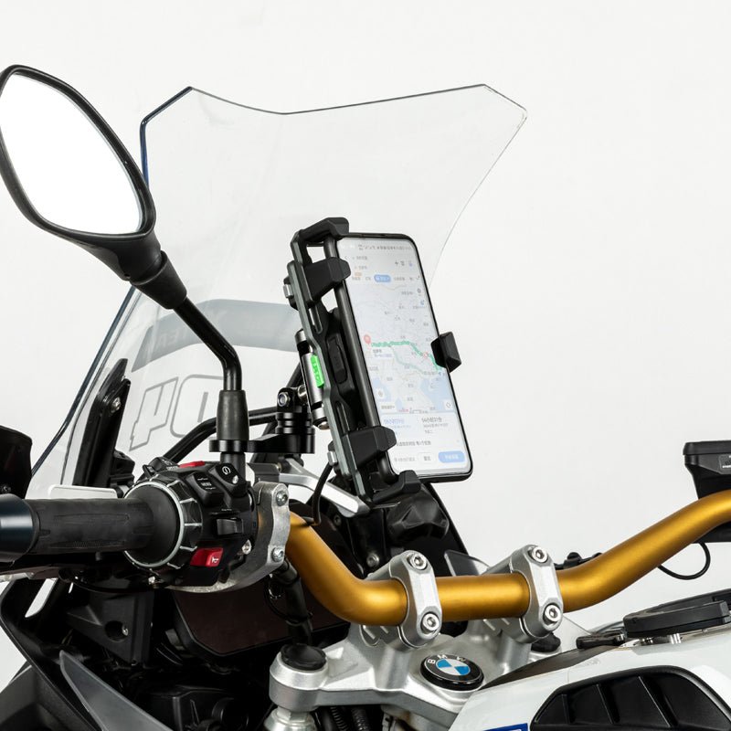Motorcycle Phone Holder – Magnetic Damping, Auto-Lock Holder with Wired & Wireless Fast Charging, 360° Rotation for Handlebar 22–32mm - LOBOO