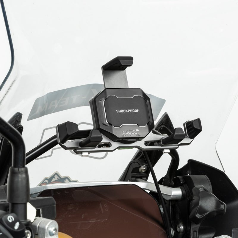 Motorcycle Phone Holder – Magnetic Damping, Auto-Lock Holder with Wired & Wireless Fast Charging, 360° Rotation for Handlebar 22–32mm - LOBOO