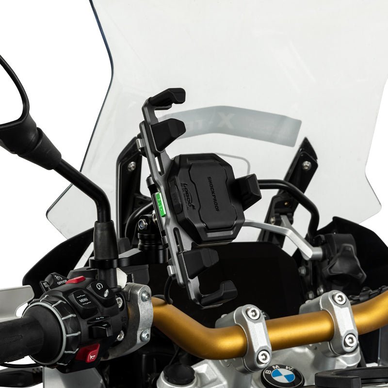 Motorcycle Phone Holder – Magnetic Damping, Auto-Lock Holder with Wired & Wireless Fast Charging, 360° Rotation for Handlebar 22–32mm - LOBOO
