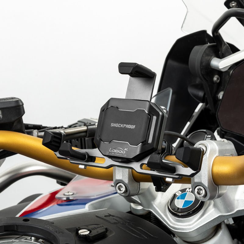 Motorcycle Phone Holder – Magnetic Damping, Auto-Lock Holder with Wired & Wireless Fast Charging, 360° Rotation for Handlebar 22–32mm - LOBOO