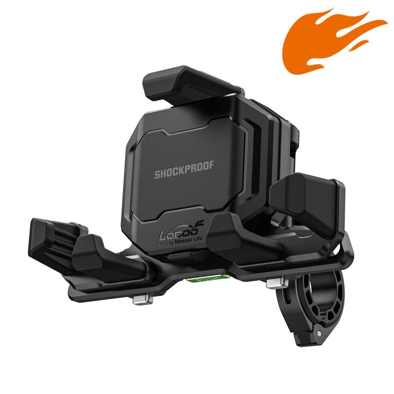 Motorcycle Phone Holder – Magnetic Damping, Auto-Lock Holder with Wired & Wireless Fast Charging, 360° Rotation for Handlebar 22–32mm - LOBOO