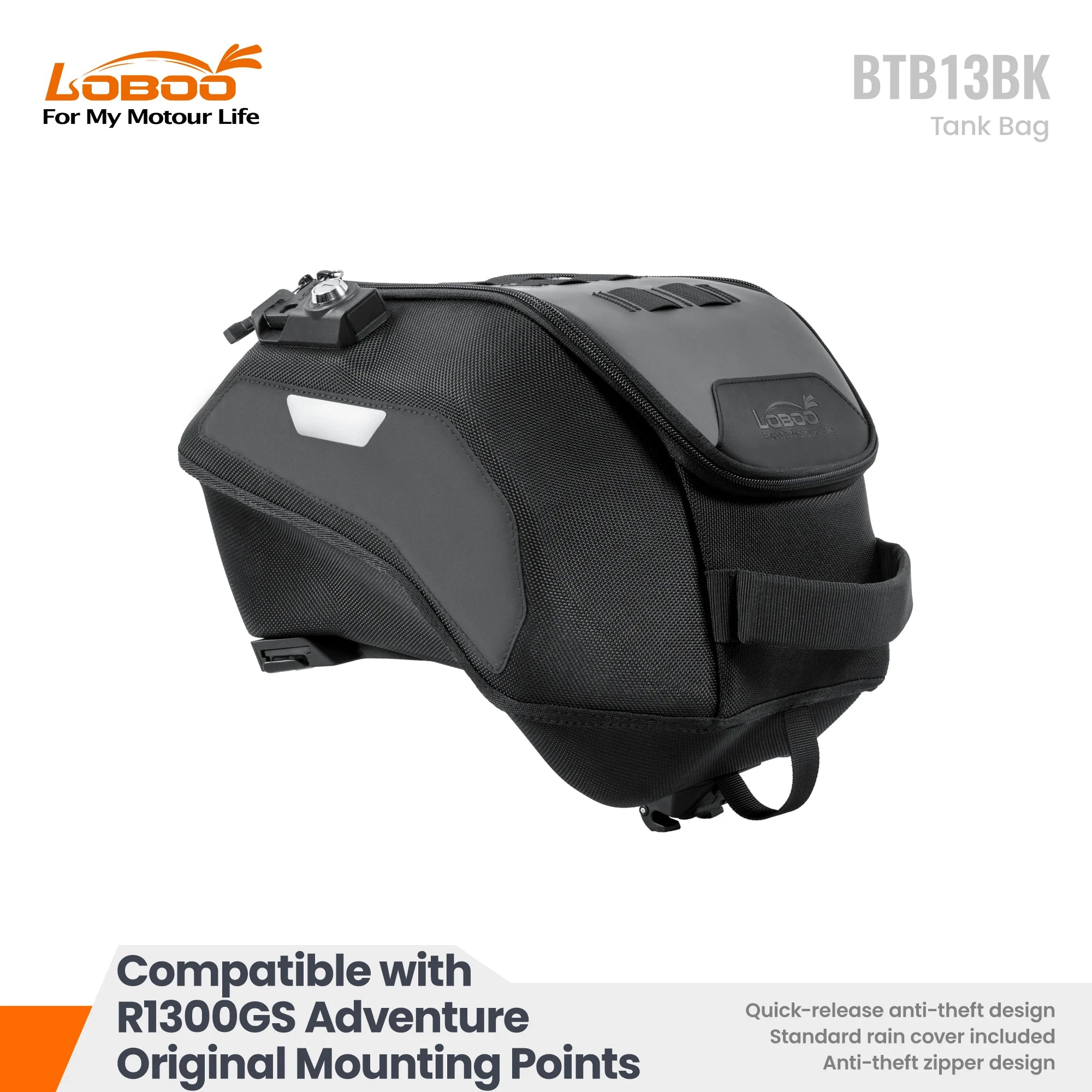 LOBOO BTB13BK Motorcycle Tank Bag with Anti-Theft Quick-Release System and Rain Cover, Custom Fit for BMW R1300GS Adventure Original Mounting Points