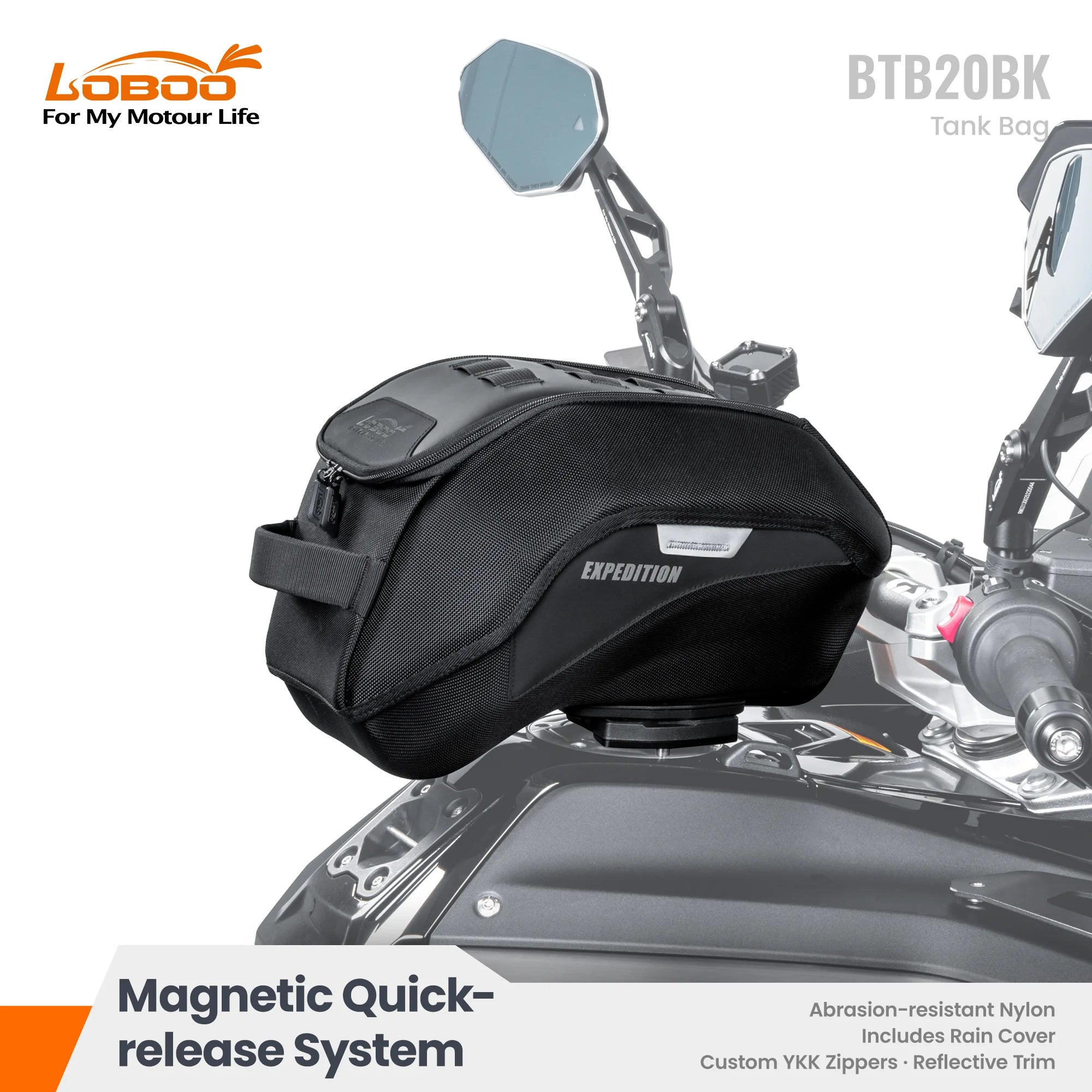 LOBOO BTB20BK Adventure Motorcycle Tank Bag with Magnetic Quick-Release System and Rain Cover, Heavy-Duty Universal Fits for BMW GS, KTM Adventure, Honda Africa Twin