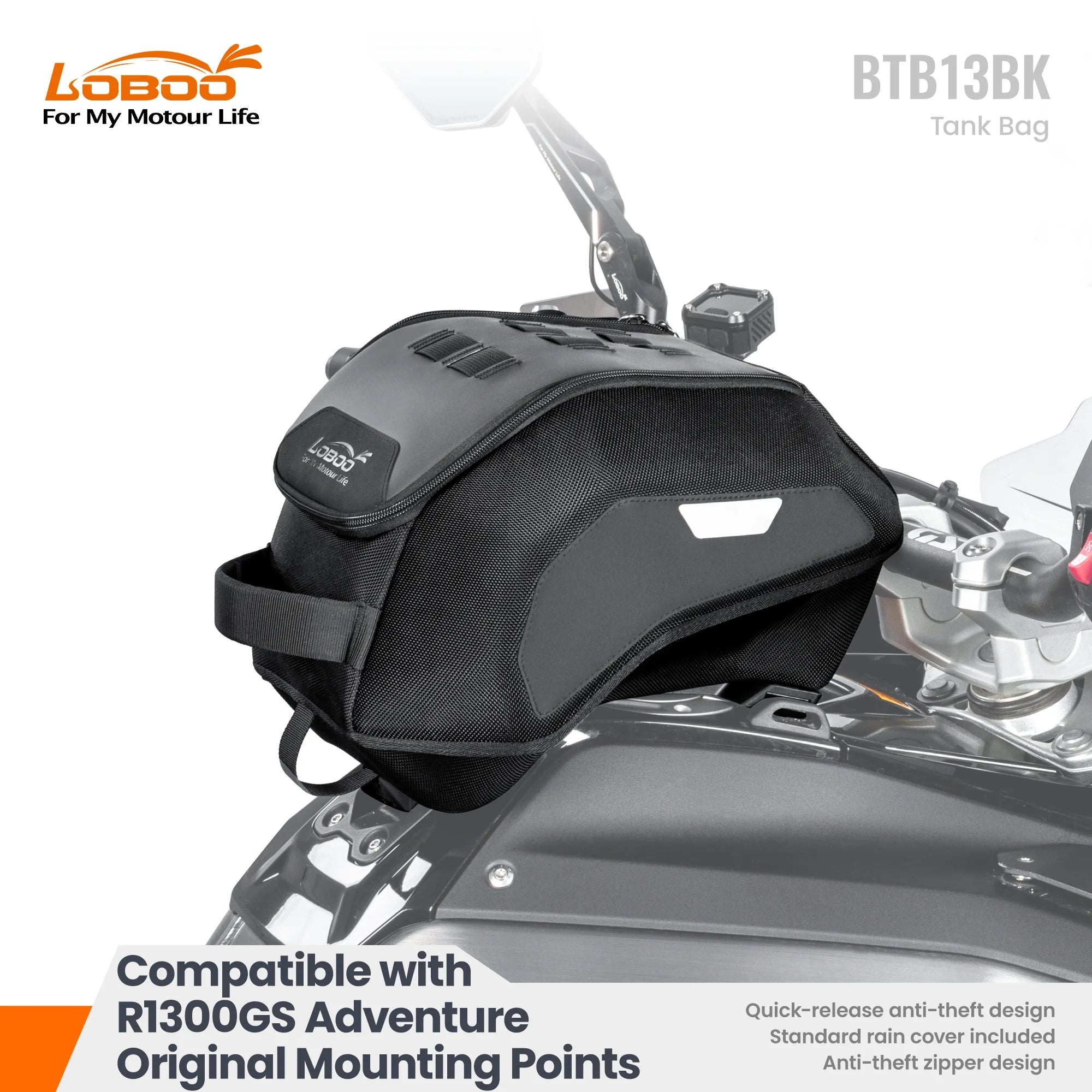 LOBOO BTB13BK Motorcycle Tank Bag with Anti-Theft Quick-Release System and Rain Cover, Custom Fit for BMW R1300GS Adventure Original Mounting Points