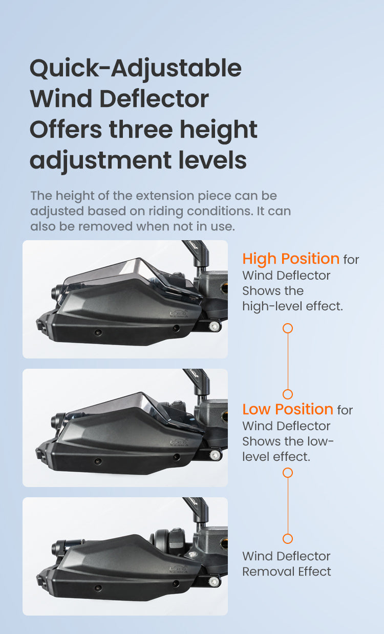 Quick-Adjustable Wind Deflector Offers three height adjustment levels 