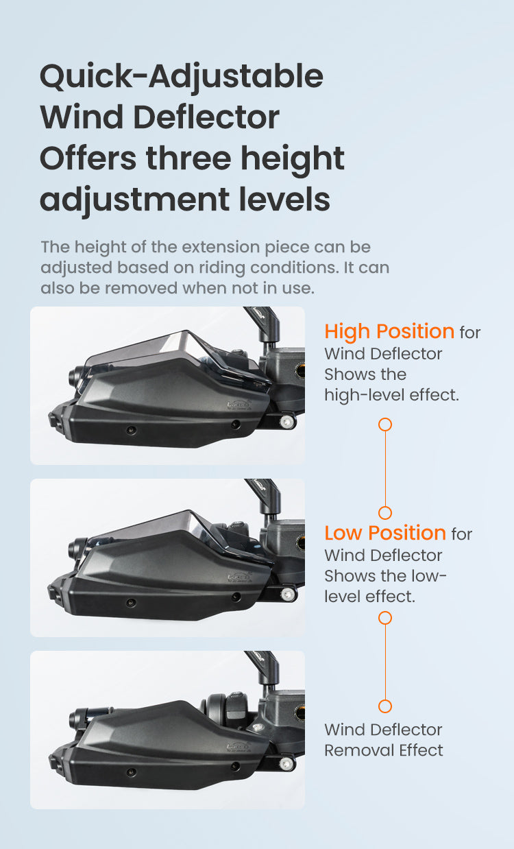 Quick-Adjustable Wind Deflector Offers three height adjustment levels