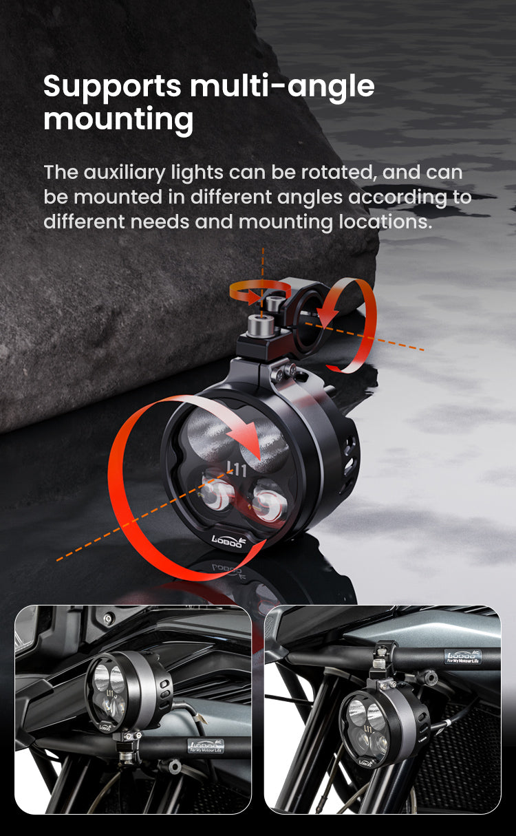 L11 Motorcycle Auxiliary Lights – 15000LM High/Low Beam with 3 Warning Modes, IP68 Waterproof, Intelligent Temp Control (Pair)