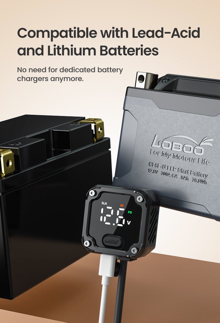 C36 Motorcycle Bi - Directional Battery Charger – 100W PD Fast Charge, Real - Time Voltage Display, IP67 Waterproof, Lead - Acid Repair, Mirror/Adhesive Mount - LOBOO