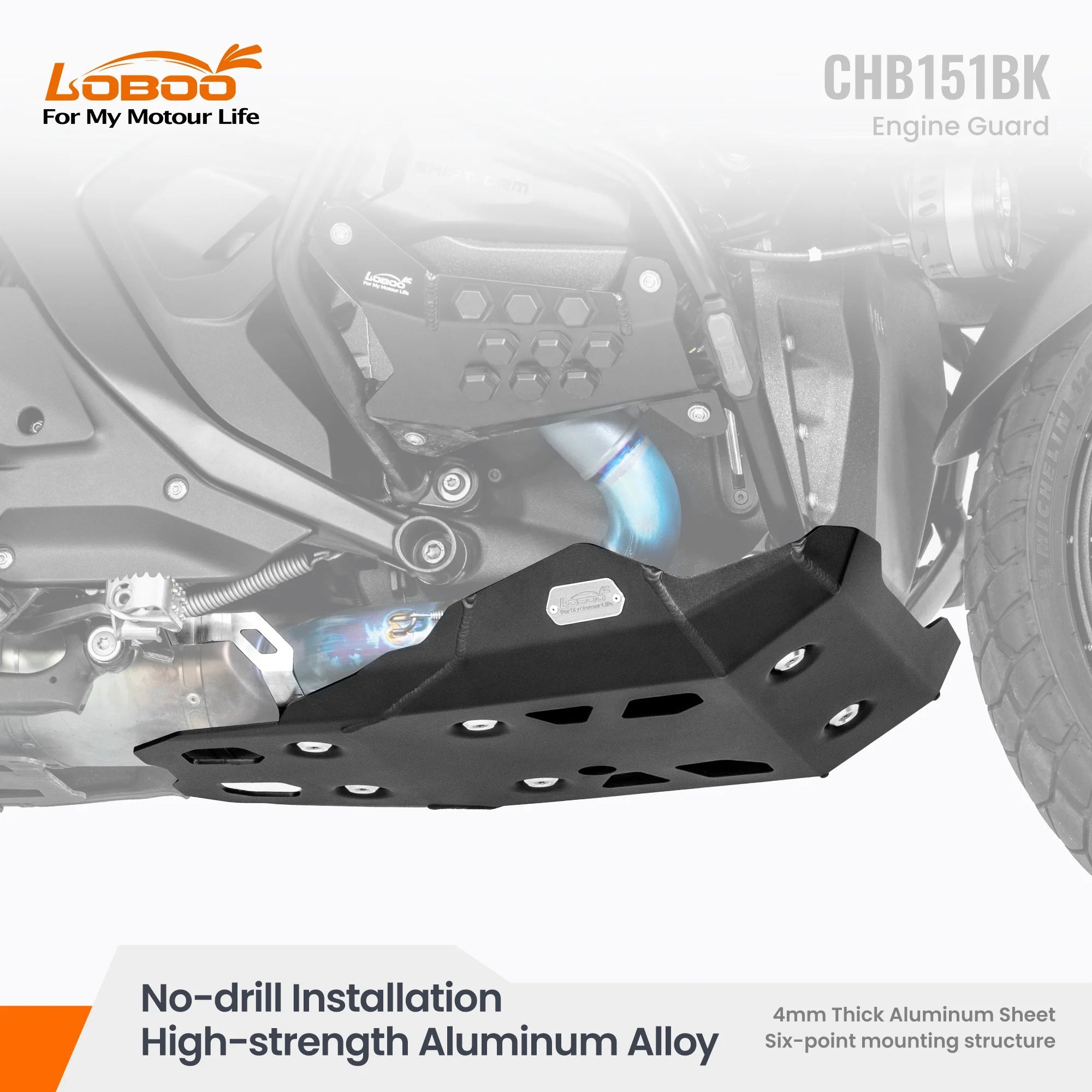 CHB151BK Aluminum Skid Plate Engine Guard for BMW R1300GS (2023+) & R1300GS Adventure (2024+) | No - Drill | 4mm Alloy Bash Plate - LOBOO