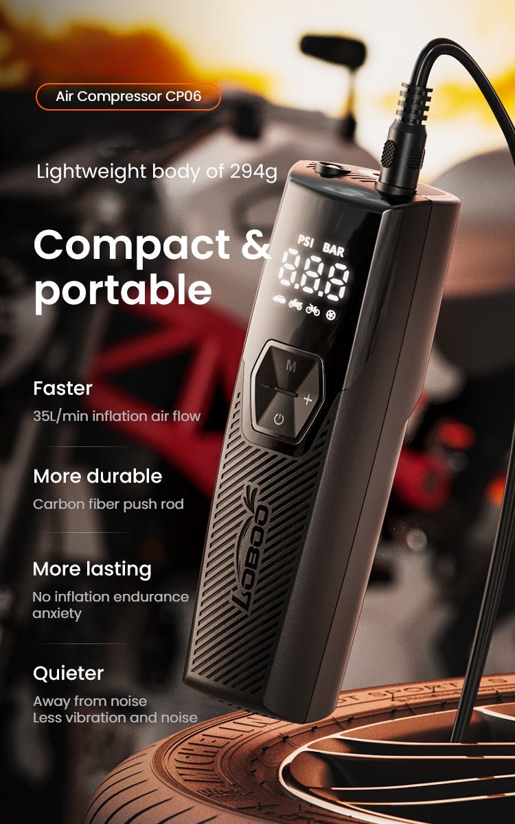 CP06 Portable Motorcycle Air Compressor – Fast Inflation, Multi - Mode Tire Pump with LED Light for Cars, Bikes, Travel & Emergency Use - LOBOO