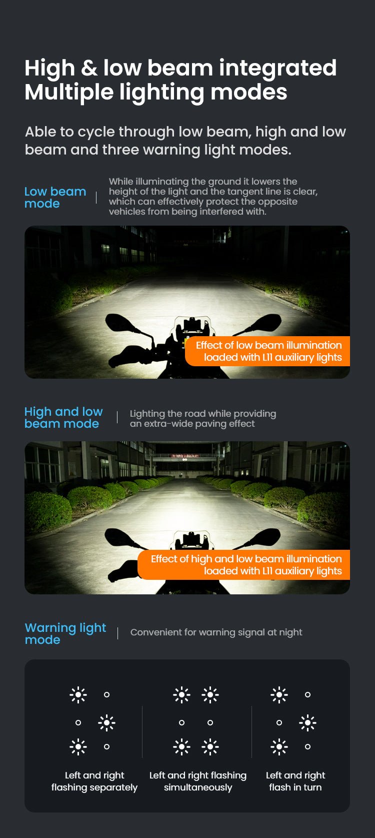 L11 Motorcycle Auxiliary Lights – 15000LM High/Low Beam with 3 Warning Modes, IP68 Waterproof, Intelligent Temp Control (Pair) - LOBOO