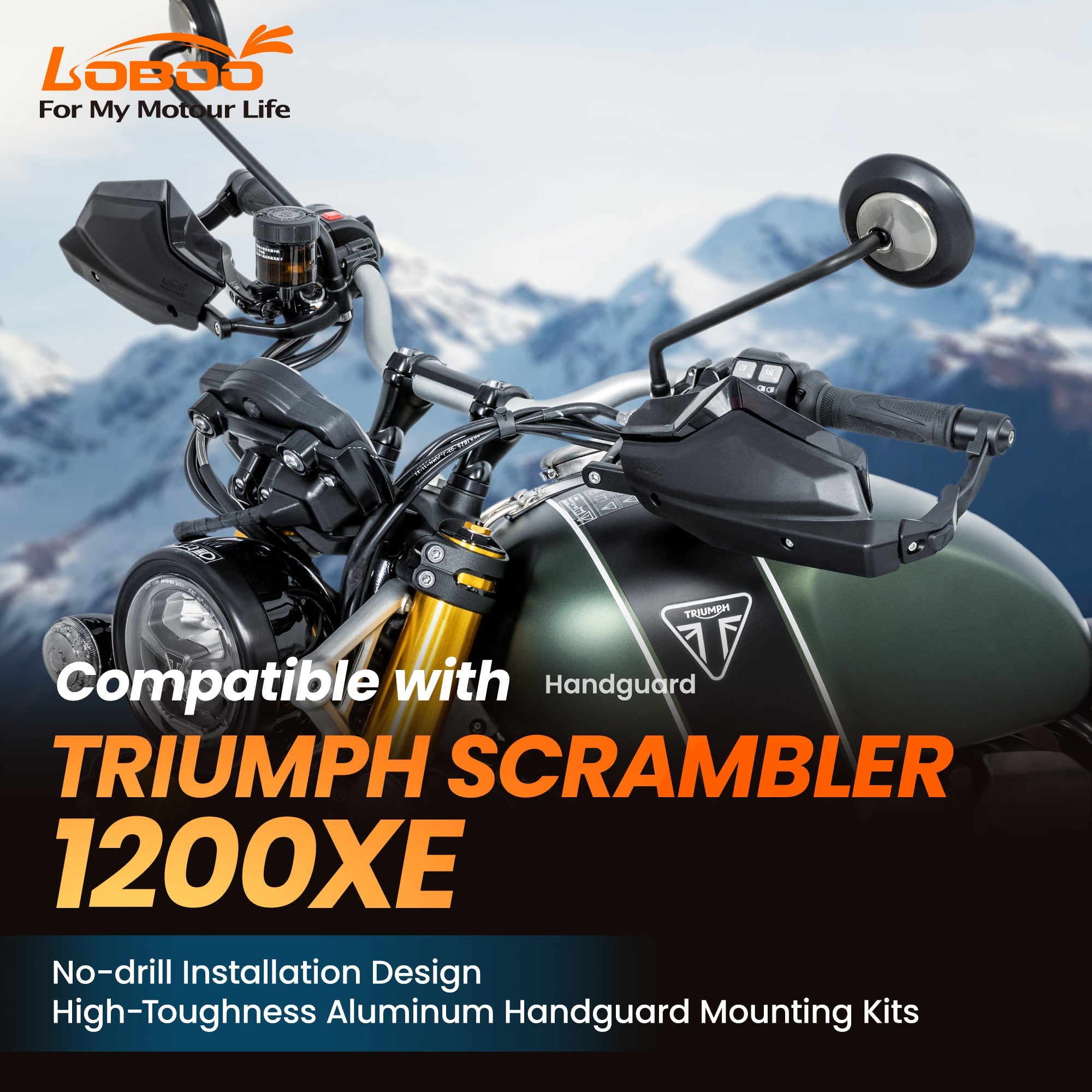 LOBOO Aluminum Handguard System for Triumph Scrambler 1200XE (2024+) | Adjustable Windshield & Impact Sliders - LOBOO