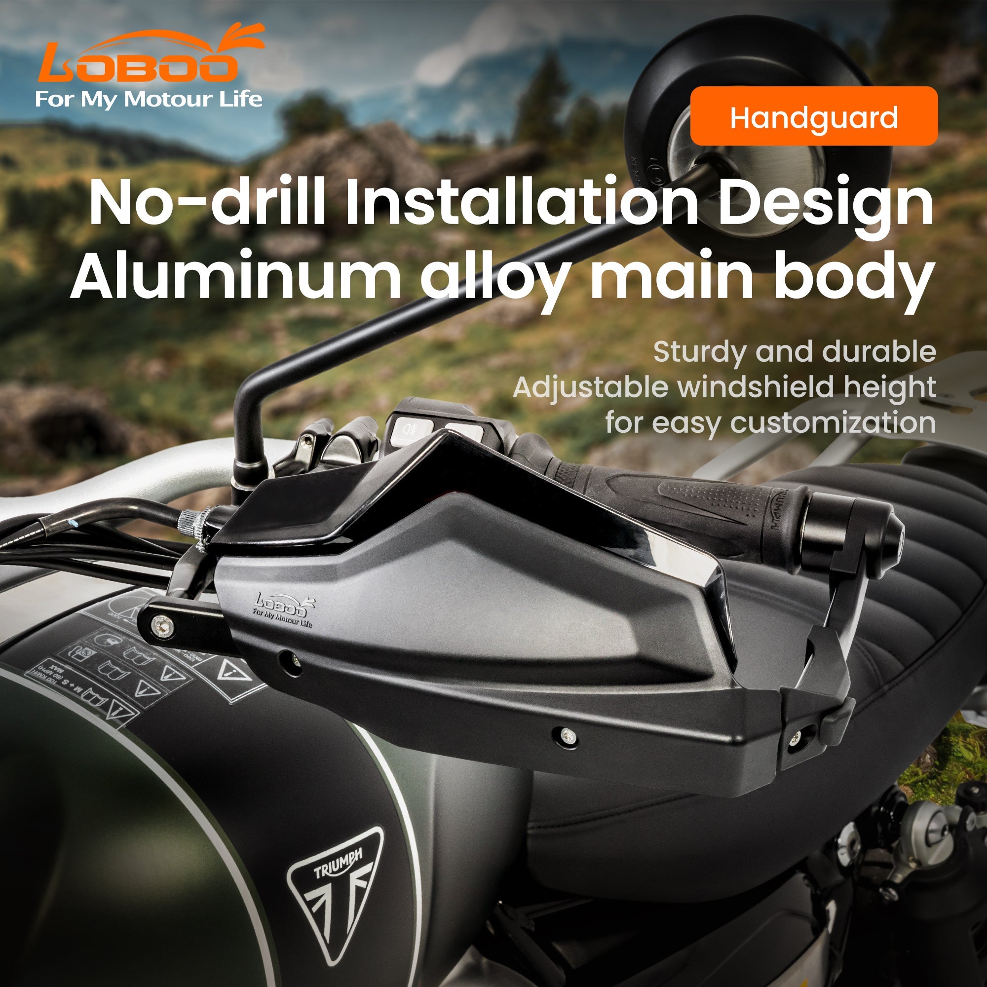 LOBOO Aluminum Handguard System for Triumph Scrambler 1200XE (2024+) | Adjustable Windshield & Impact Sliders - LOBOO